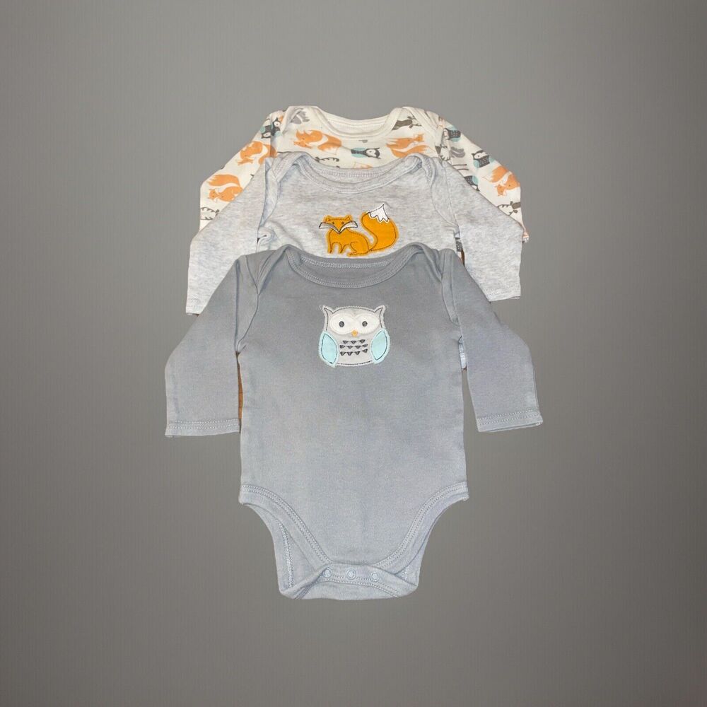 Lot Of 3 HB Bodysuits Baby Boy 3-6 Months Owl Fox Animals Fall Autumn Longsleeve